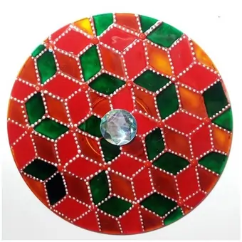 Upcycled CD hand-painted with green, crimson, auburn and red acrylics, designed to look like cubes.