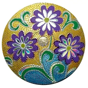 Upcycled CD with handpainted daisies on a golden background with purple and indigo hues.