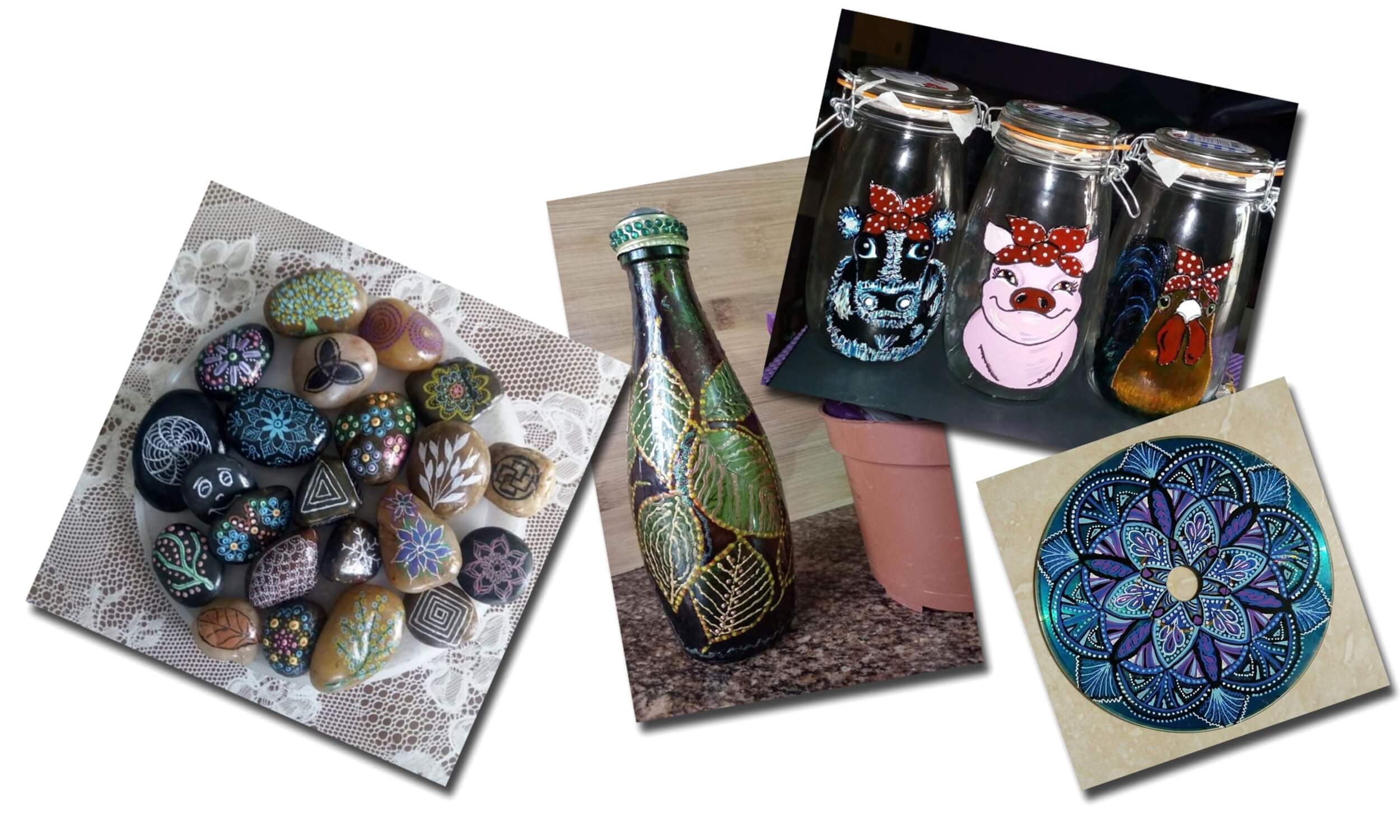 A range of products from Vera's store including; an assortment of pebbles, a leafy green bottle, mason jars and cd art