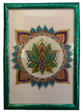 Upcycled metallic green aluminium frame, repurposed to display a portrait of an elaborate mandala with an intricate lotus flower in the centre of it.  This detailed geometric design is hand-painted on glass with green, red, black and golden hues.