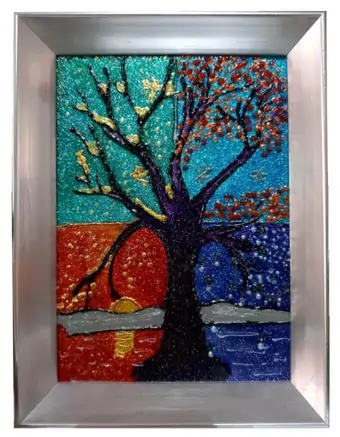 Upcycled silver aluminium frame, repurposed to display a portrait of the changes of a solitary tree through the four seasons. This quartered depiction is hand-painted on glass using hues of red and blues.