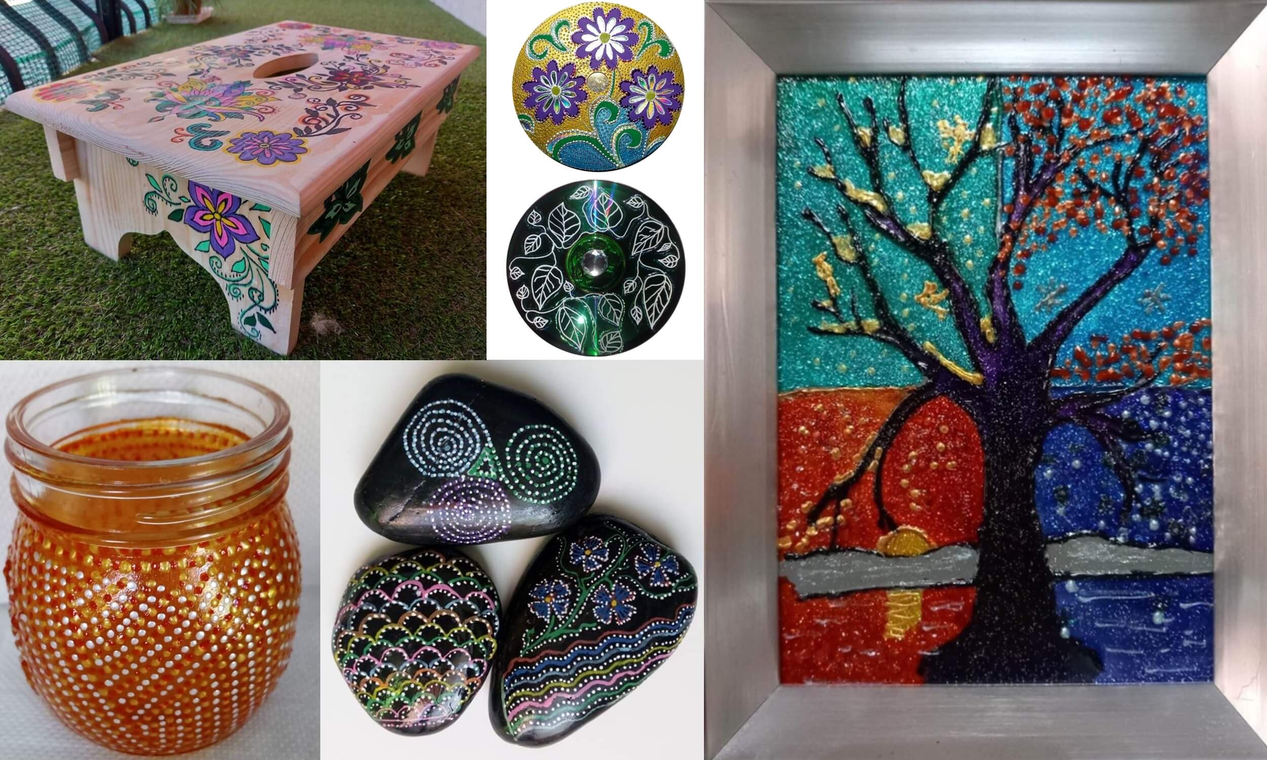 A range of products from Vera's commissions including; hand-painted window glass, furniture, frames and cd art