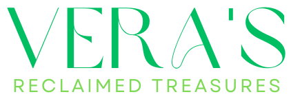 Vera's Reclaimed Treasures - green logo over white background - Vera's is large in serif font while Reclaimed Treasures is smaller in sans-serif font